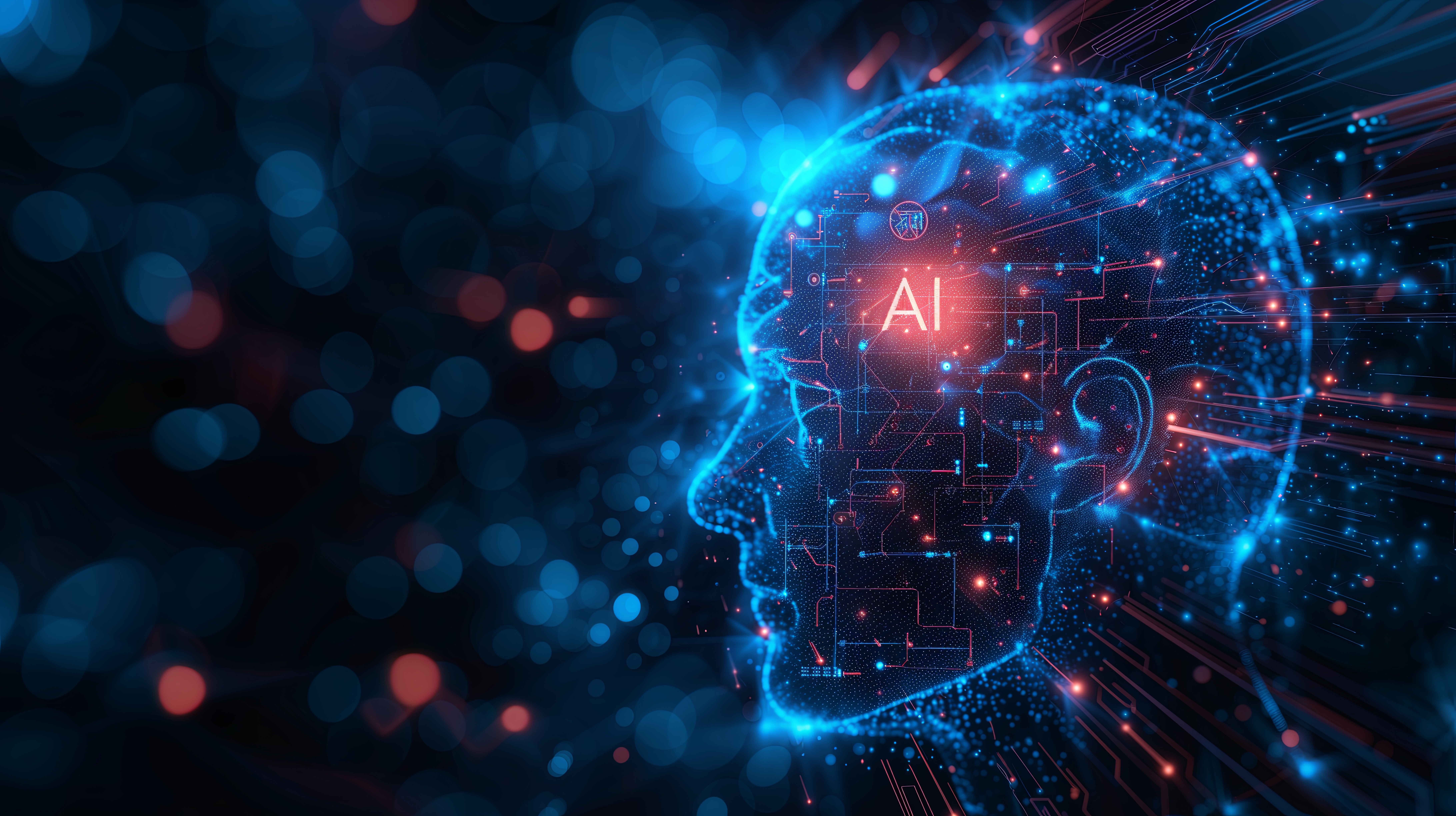 Representació futurista de la IA, amb un perfil humà format per circuits digitals i efectes lluminosos i al centre del cervell hi ha escrit AI