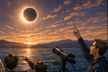 Una imatge del còmic, on un pare i dos infants miren un eclipsi total de sol