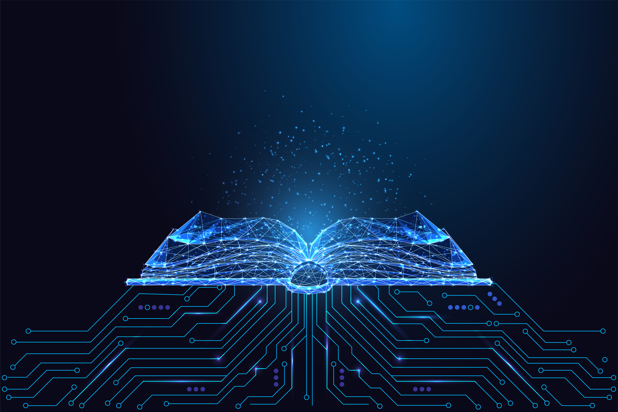 Il·lustració que simula un llibre brillant i un circuit de coneixement. 
