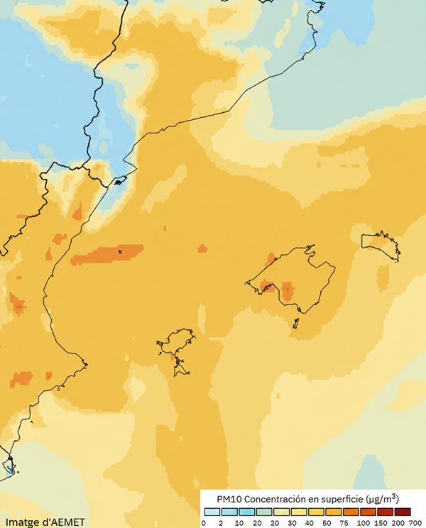 Imatge d'AEMET: concentració de pols africana a les Illes Baleares